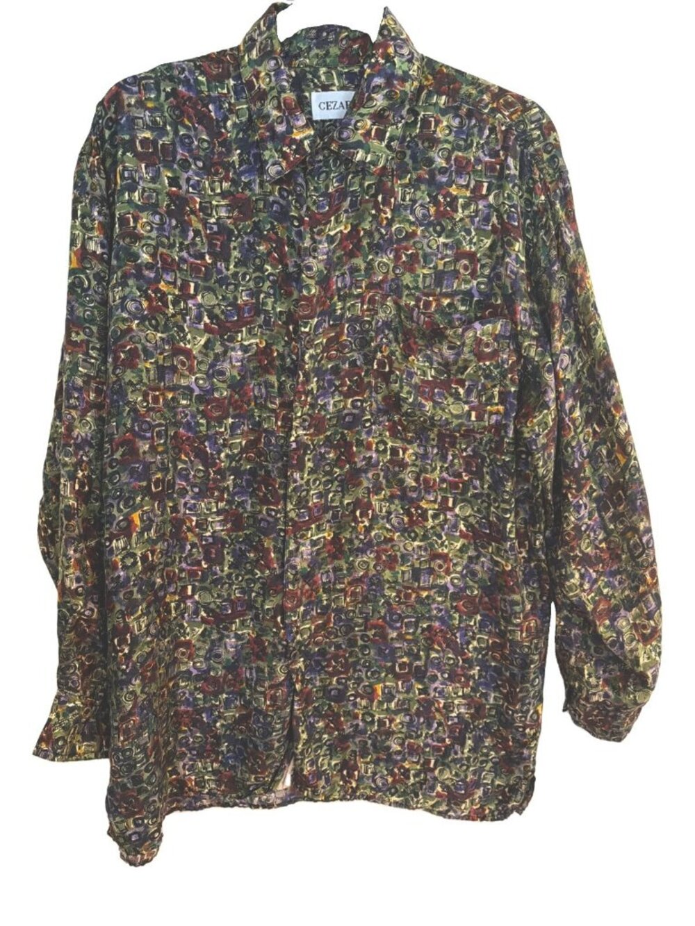 Vintage Cezar Abstract Geometric Green  Print Long Sleeve Button Down Shirt Sz L